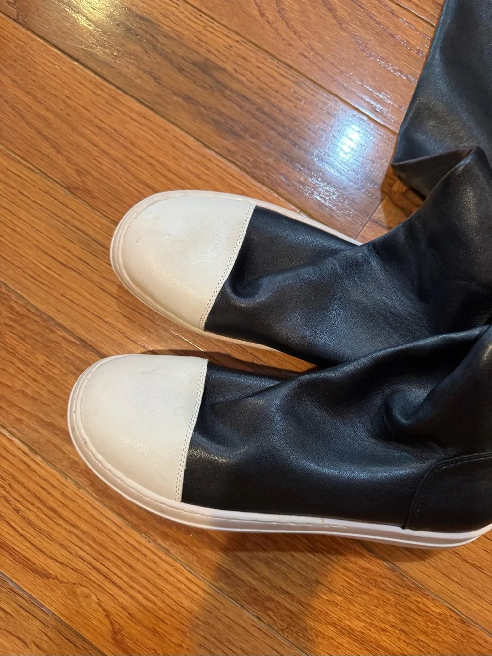 Rick Owens Thigh High Stretch Leather Sneaker Boots Black White EU 39 Italy